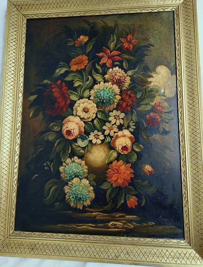 Voir photo 14 de Peinture florale, originale décorative vintage, huile sur toile, cadre en bois doré -Bouquet de fleurs signé, W. Pierry. Mi-XXᵉ Peinture florale, originale décorative vintage, huile sur toile, cadre en bois doré -Bouquet de fleurs signé, W. Pierry. Mi-XXᵉ Bon état reconditionné photo 14