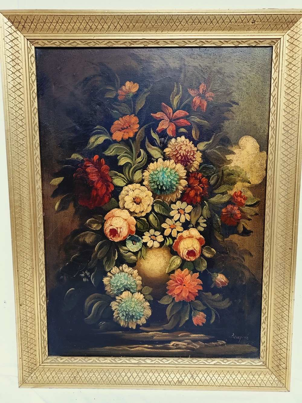 Voir photo 2 de Peinture florale, originale décorative vintage, huile sur toile, cadre en bois doré -Bouquet de fleurs signé, W. Pierry. Mi-XXᵉ Peinture florale, originale décorative vintage, huile sur toile, cadre en bois doré -Bouquet de fleurs signé, W. Pierry. Mi-XXᵉ Bon état reconditionné photo 2