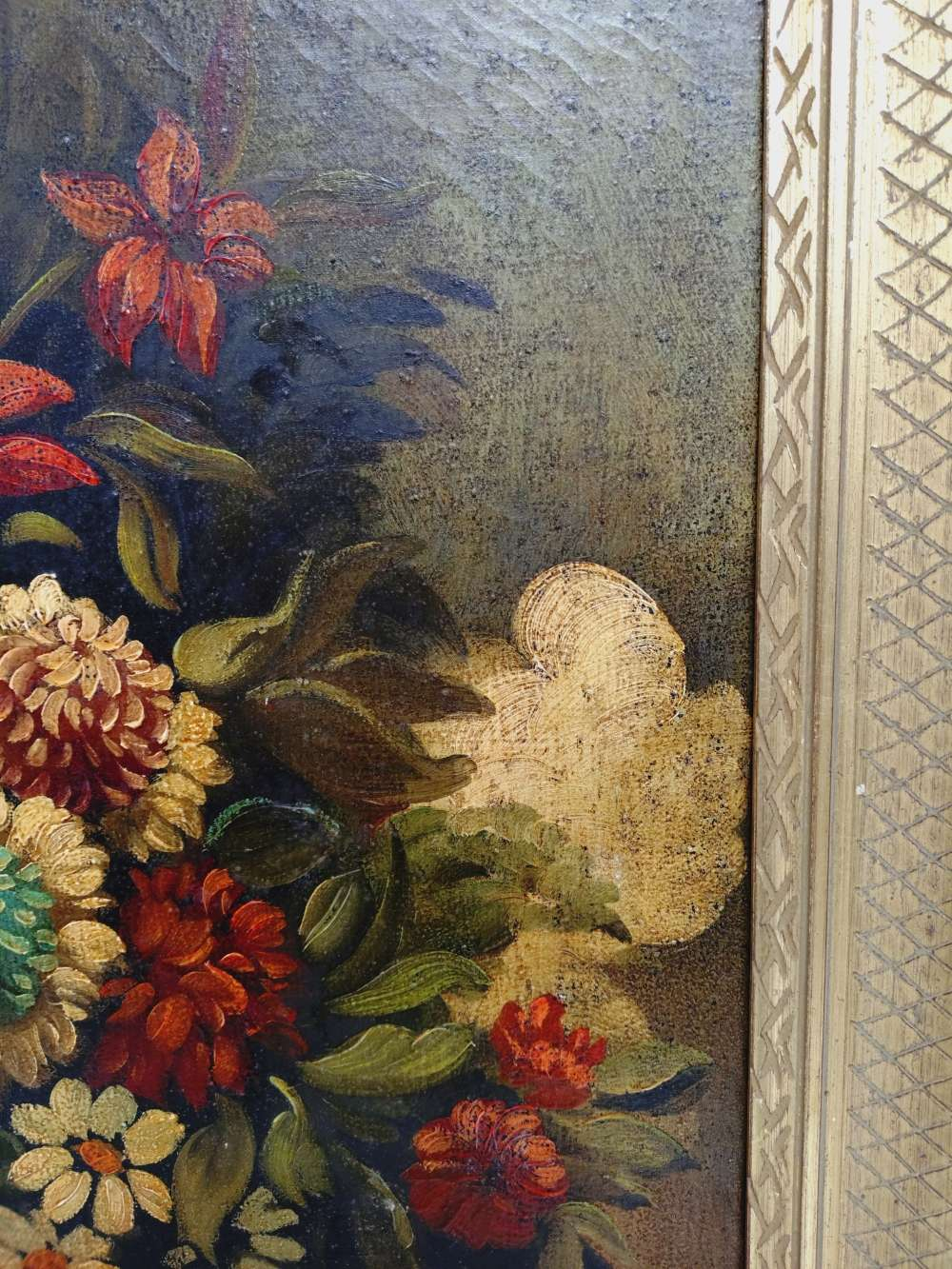 Voir photo 6 de Peinture florale, originale décorative vintage, huile sur toile, cadre en bois doré -Bouquet de fleurs signé, W. Pierry. Mi-XXᵉ Peinture florale, originale décorative vintage, huile sur toile, cadre en bois doré -Bouquet de fleurs signé, W. Pierry. Mi-XXᵉ Bon état reconditionné photo 6