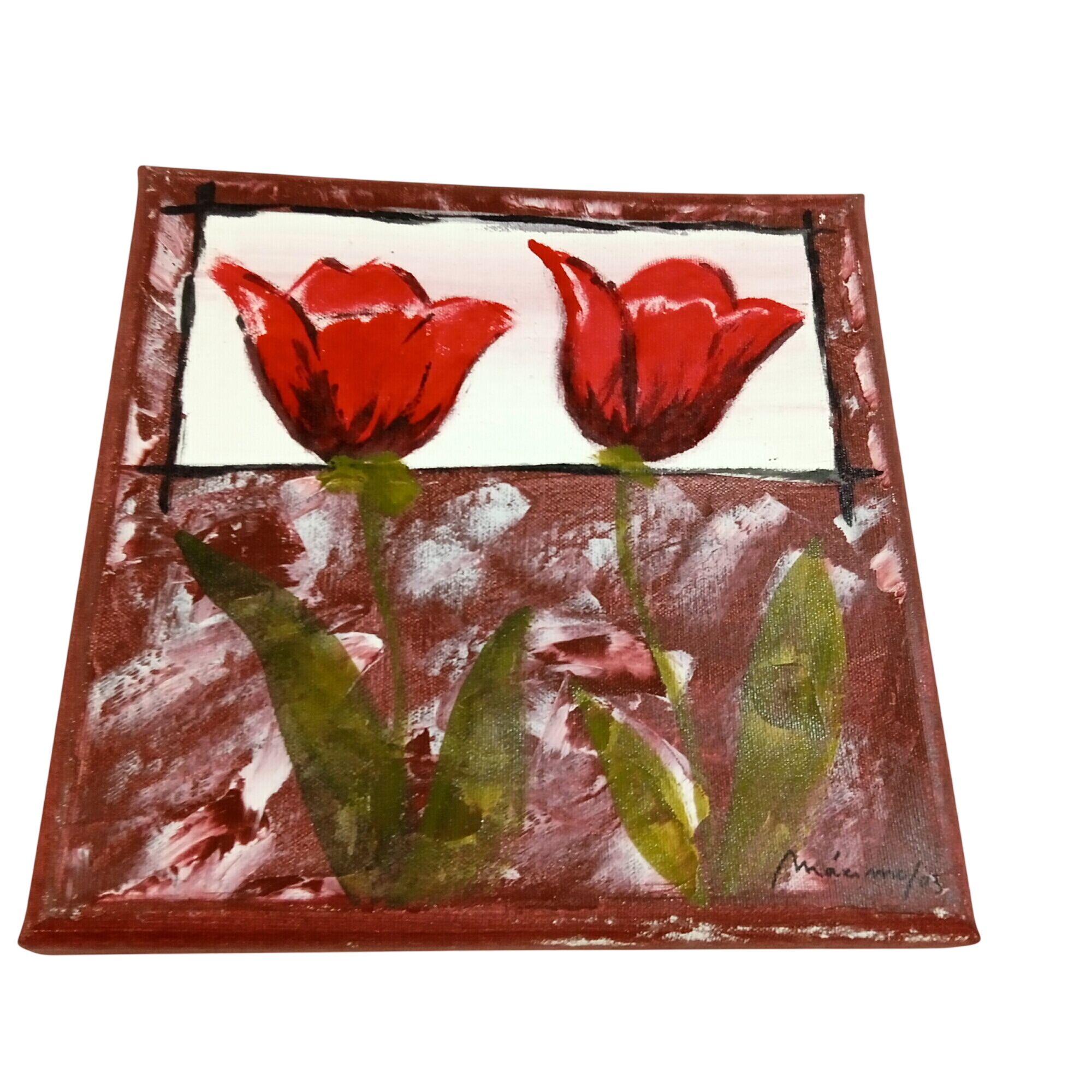 Voir photo 2 de Peinture tulipes sur toile de lin signée Maximo/ 03 avec certificat Peinture tulipes sur toile de lin signée Maximo/ 03 avec certificat Bon état reconditionné photo 2