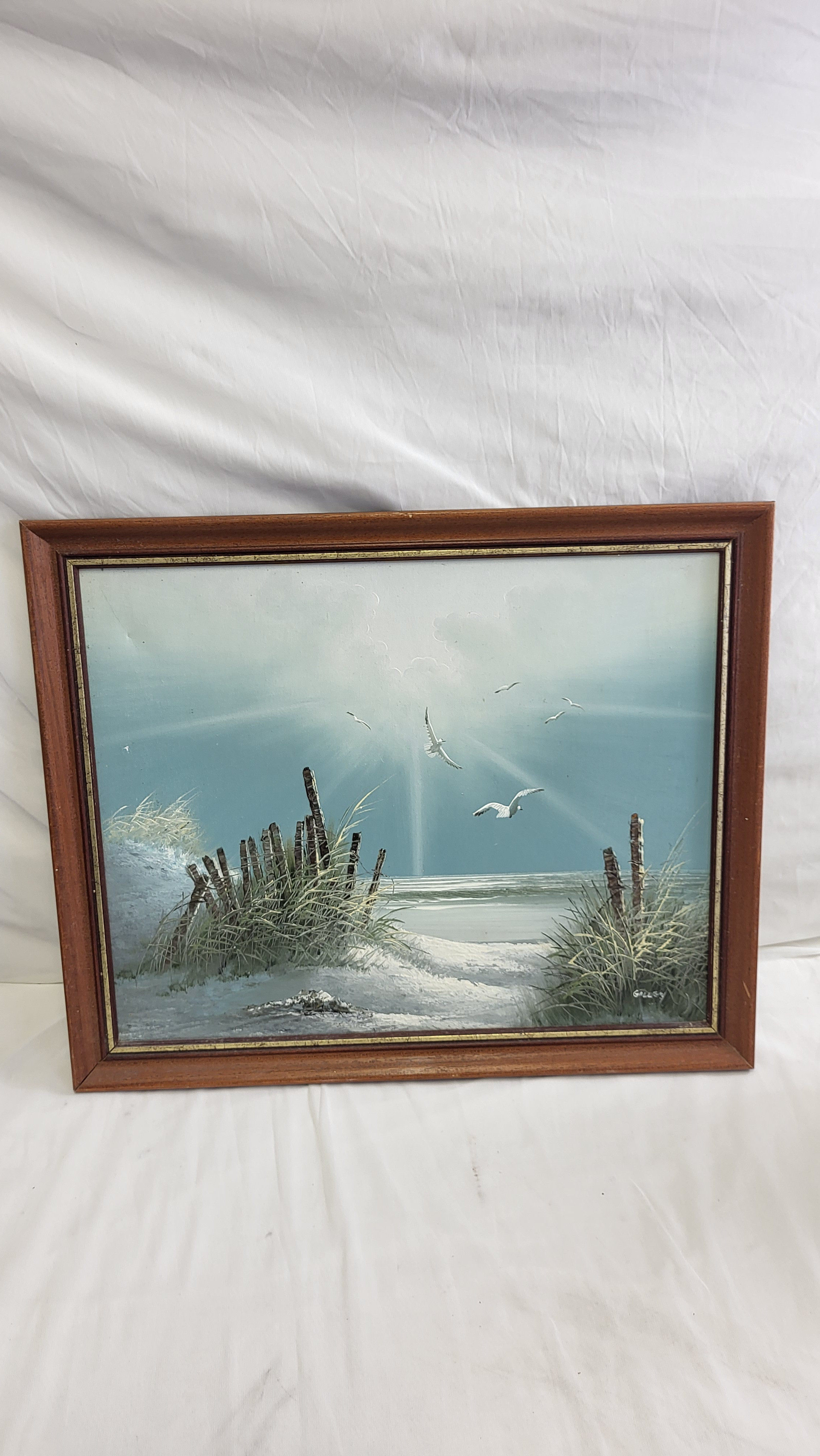 Voir photo 2 de Peinture vintage, paysage marin à l'huile encadrée Peinture vintage, paysage marin à l'huile encadrée État correct reconditionné photo 2