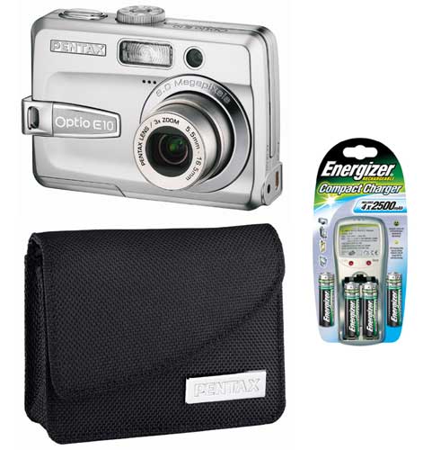 Pentax Optio E10 + Kit chargeur + Etui + Carte mémoire Secure Digital 128 Mo État correct Pentax reconditionné disponible sur Fnac