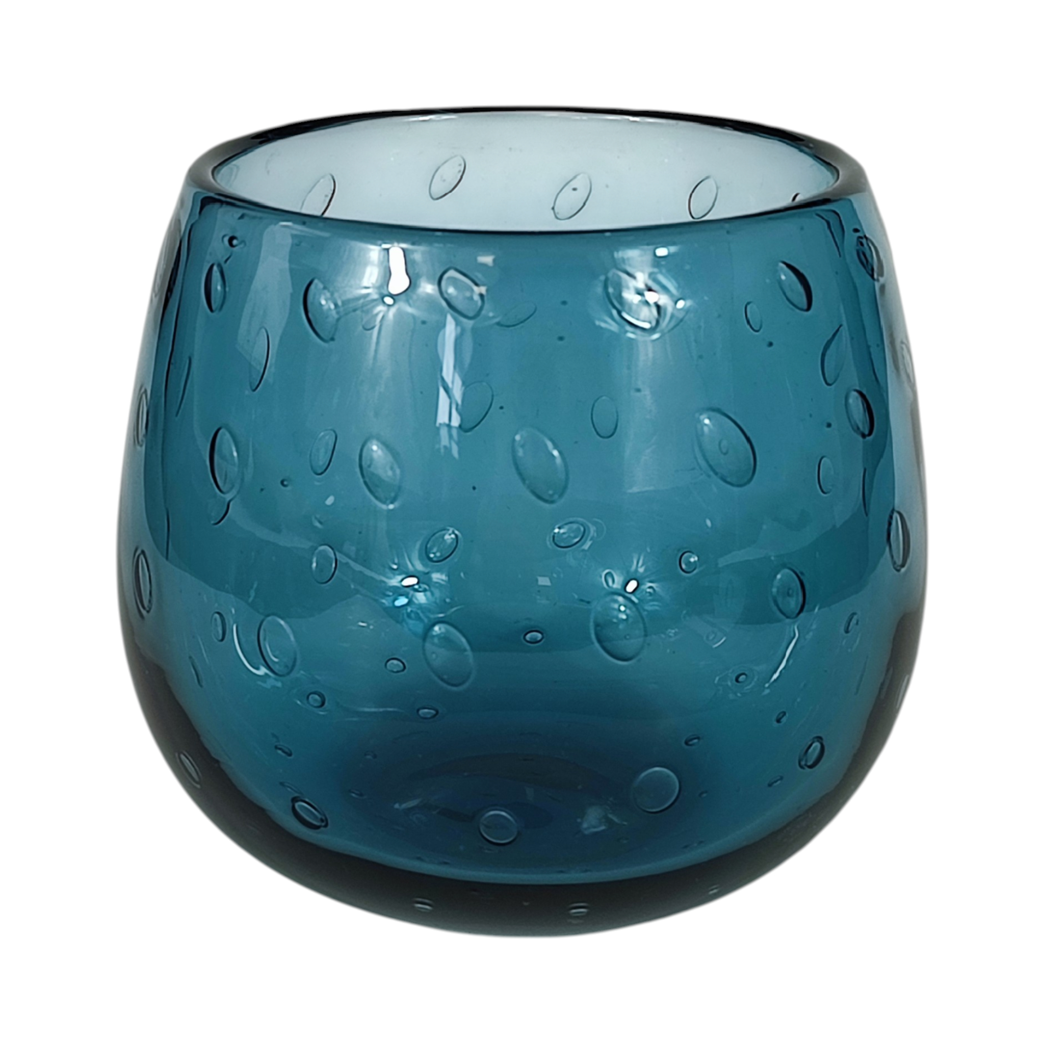 Voir photo 2 de Petit vase artisanal en verre bullé couleur bleu pétrole Petit vase artisanal en verre bullé couleur bleu pétrole reconditionné photo 2