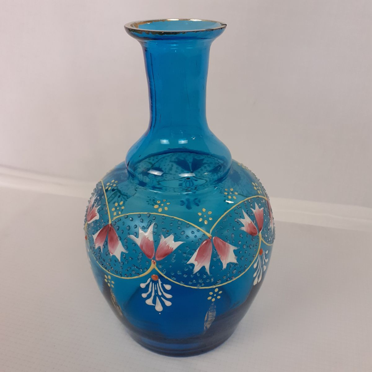 Voir photo 5 de Petite carafe à liqueur bleue - Motifs émaillés floraux Petite carafe à liqueur bleue - Motifs émaillés floraux Bon état reconditionné photo 5