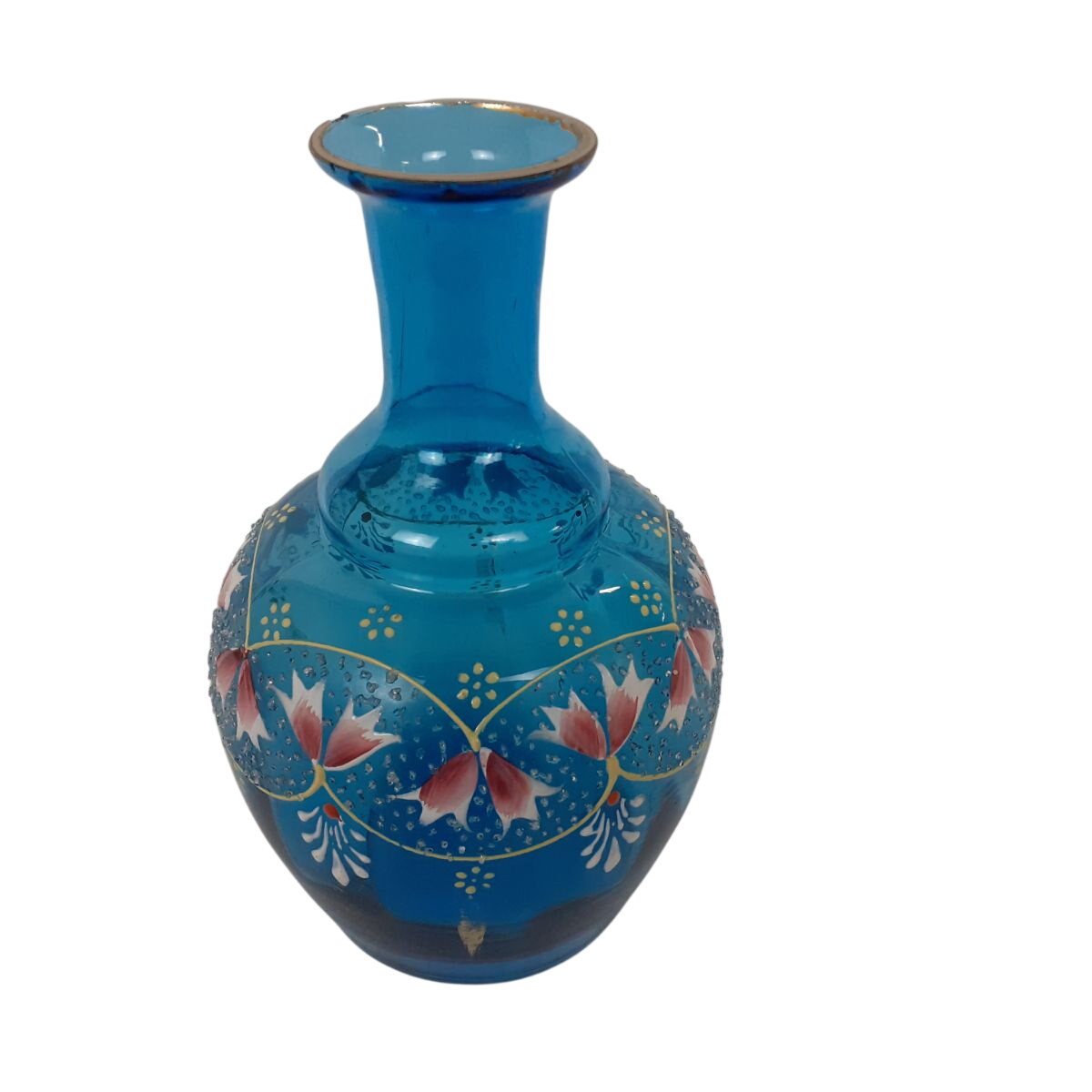 Petite carafe à liqueur bleue - Motifs émaillés floraux Bon état - 12,00 € Petite carafe à liqueur bleue - Motifs émaillés floraux Bon état reconditionné disponible sur Label Emmaüs