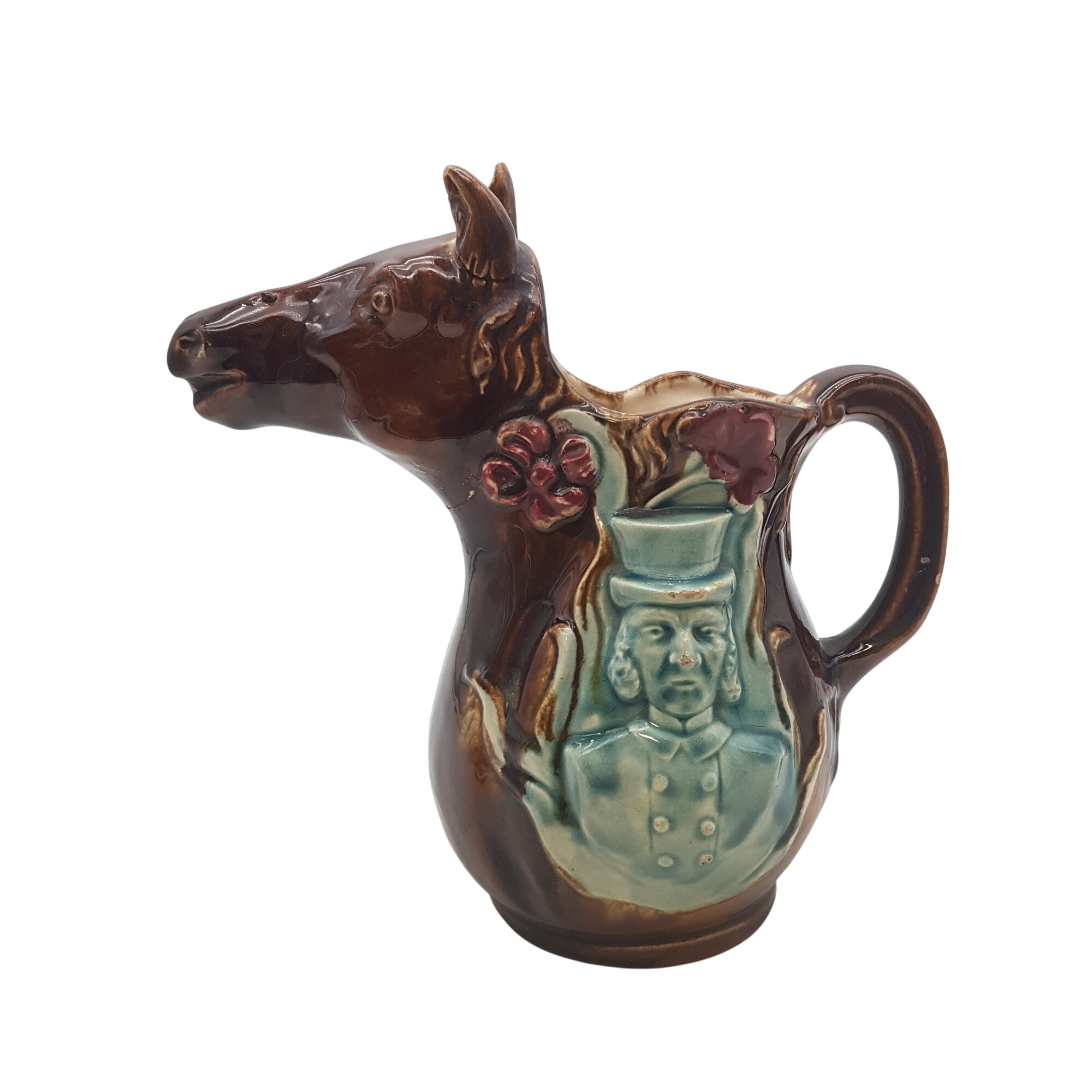 Pichet en Barbotine en forme de cheval avec visage de chaque côté Bon état - 40,00 € Pichet en Barbotine en forme de cheval avec visage de chaque côté Bon état reconditionné disponible sur Label Emmaüs
