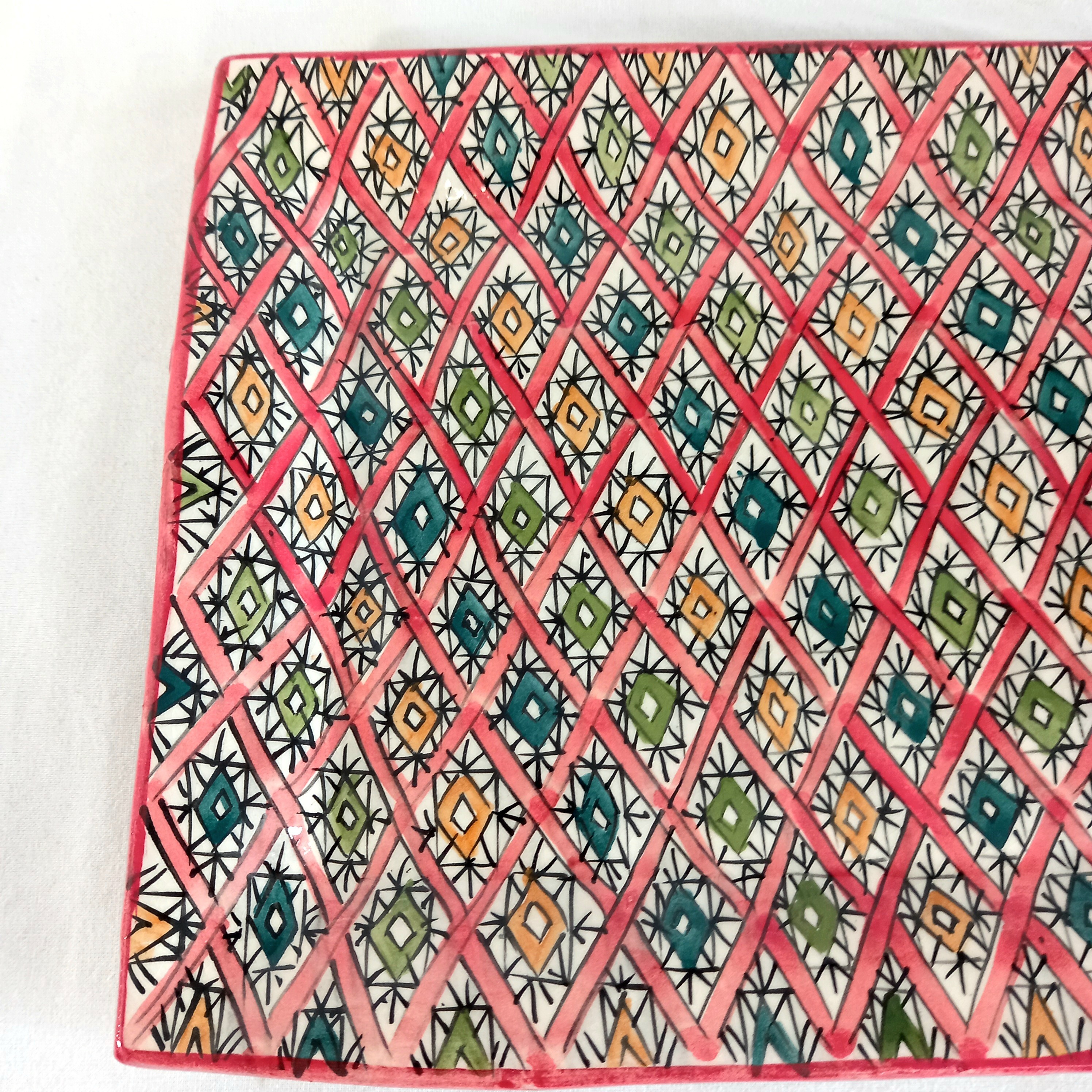 Voir photo 3 de Plat rectangulaire en céramique émaillée d'inspiration berbère, motifs losanges colorés Plat rectangulaire en céramique émaillée d'inspiration berbère, motifs losanges colorés Très bon état reconditionné photo 3