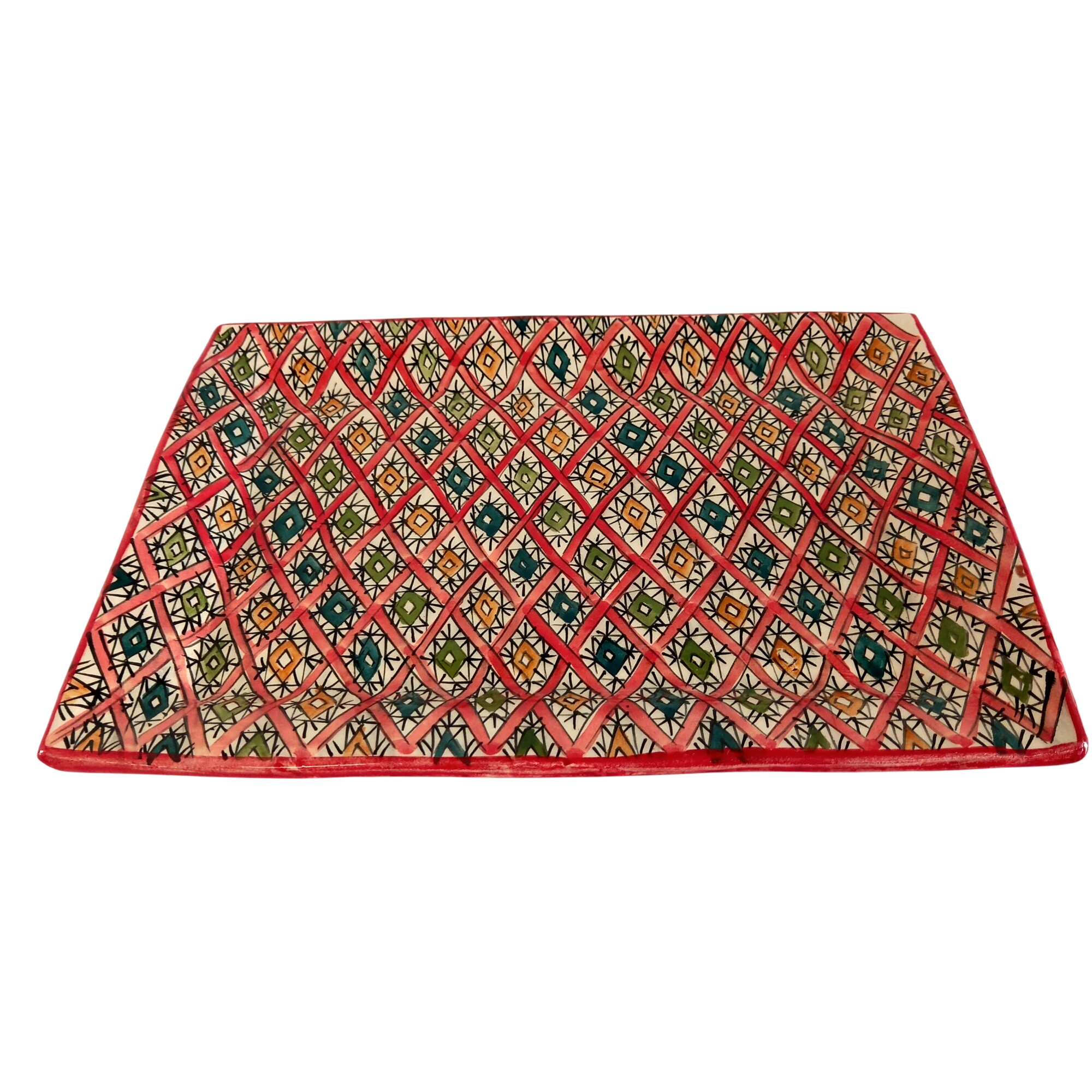 Acheter Plat rectangulaire en céramique émaillée d'inspiration berbère, motifs losanges colorés Très bon état - 15,20 € Plat rectangulaire en céramique émaillée d'inspiration berbère, motifs losanges colorés Très bon état reconditionné disponible sur Label Emmaüs