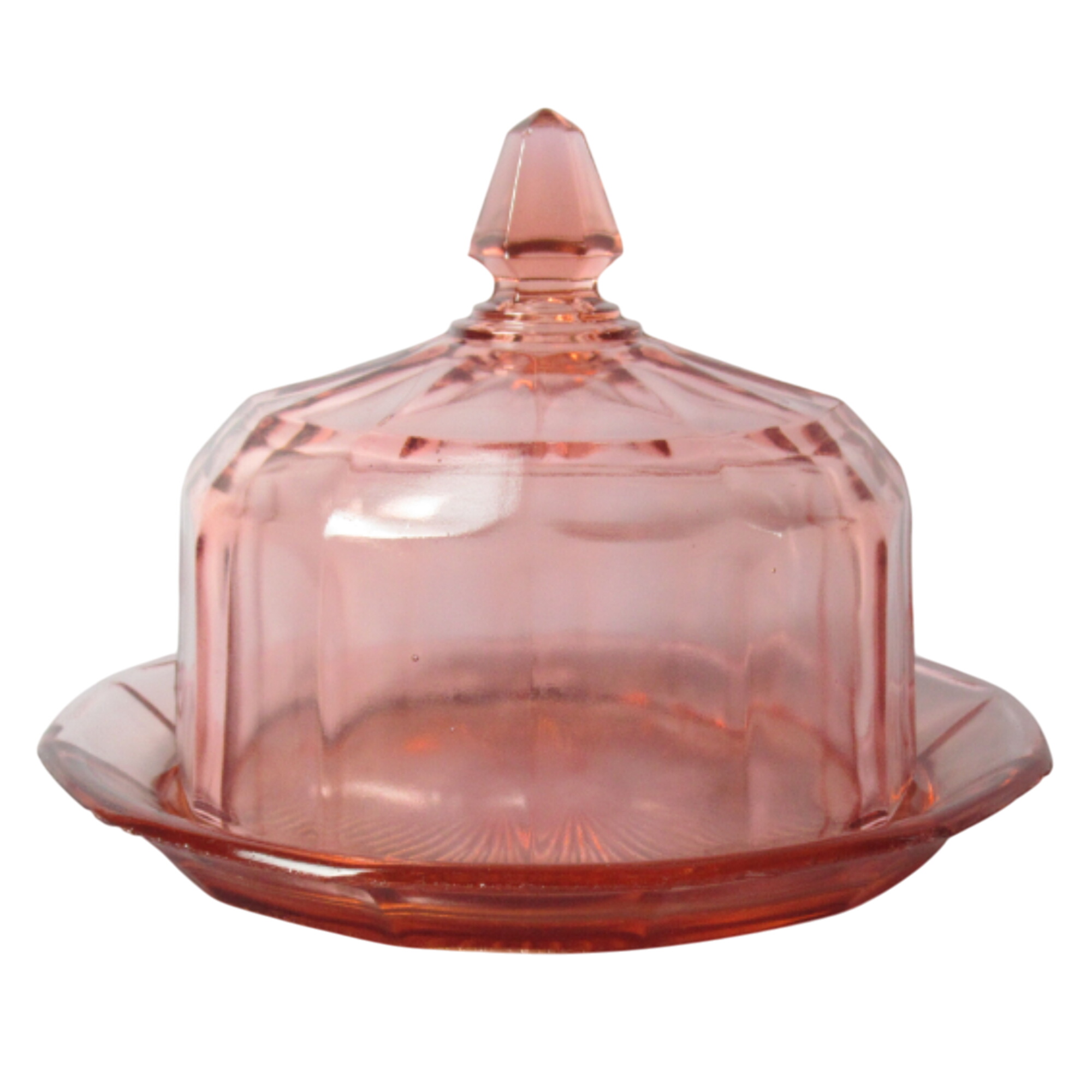 Plateau + cloche en verre moulé rose Art-déco - 48,00 € Plateau + cloche en verre moulé rose Art-déco reconditionné disponible sur Label Emmaüs