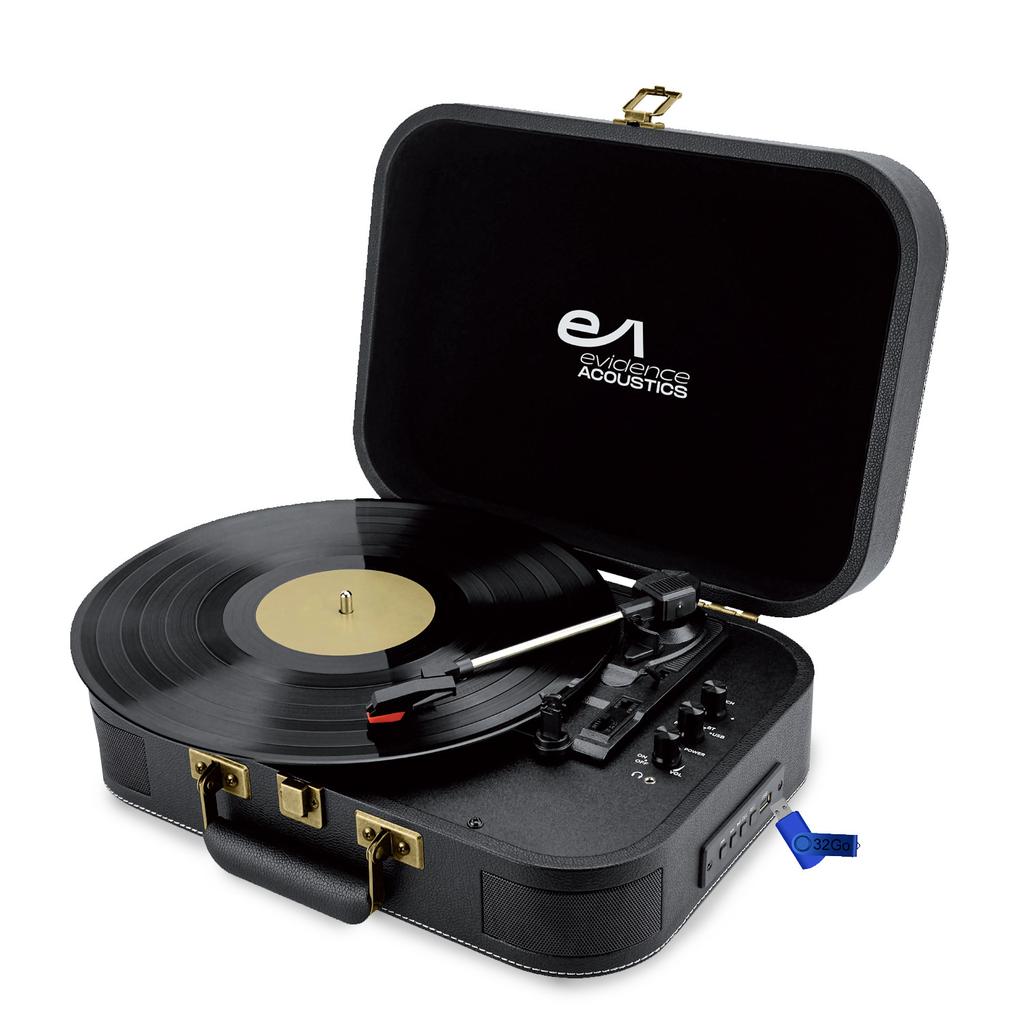 Platine Vinyle Evidence Acoustics Tourne-disque Vinyle EA-PL100-BK - Haut-parleurs intégrés 20 watts PMPO - 33, 45 et 78 tours - Bluetooth, USB+Clé US Reconditionné Evidence Acoustics reconditionné disponible sur Backmarket