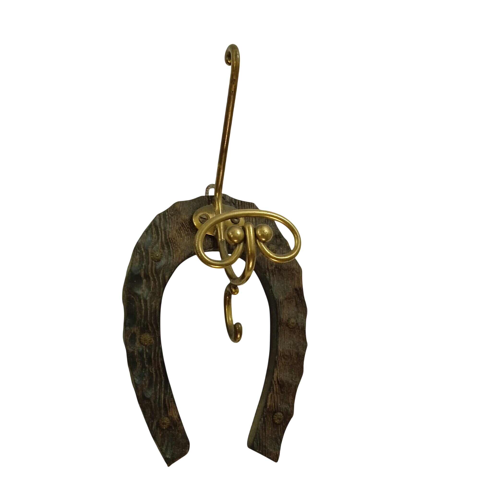 Voir photo 2 de Porte-manteau rustique Fer à cheval en laiton et bois Porte-manteau rustique Fer à cheval en laiton et bois Bon état reconditionné photo 2
