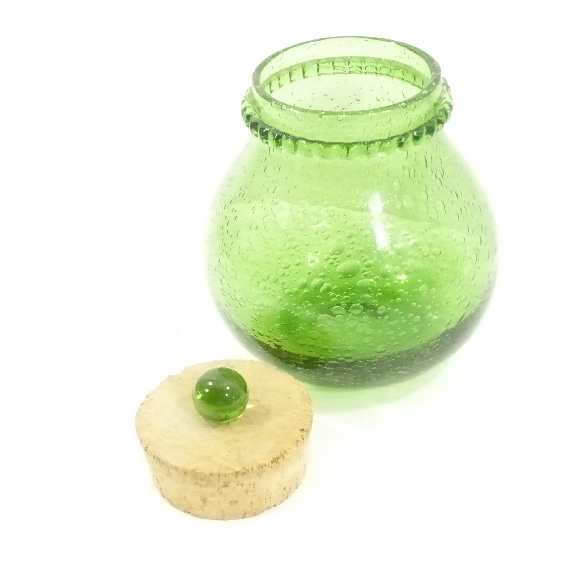 Voir photo 2 de Pot en verre bullé avec bouchon en liège - Signé Biot Pot en verre bullé avec bouchon en liège - Signé Biot Bon état reconditionné photo 2