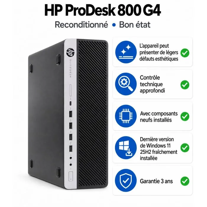 ProDesk 800 G4 SFF Intel i7 8700 12 Threads 4 GHz Ordinateur Business Office Multimédia avec 3 Ans de Garantie ! - USB 3.0 - WLAN Reconditionné Hewlett-Packard reconditionné disponible sur Cdiscount Seconde Vie | Dero
