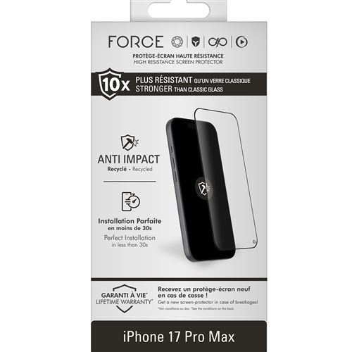 Protection d'écran Forceglass 2,5D Anti-Impact Transparent pour iPhone 17 Pro Max État correct ForceGlass (note : la casse peut varier en fonction des pré reconditionné disponible sur Fnac