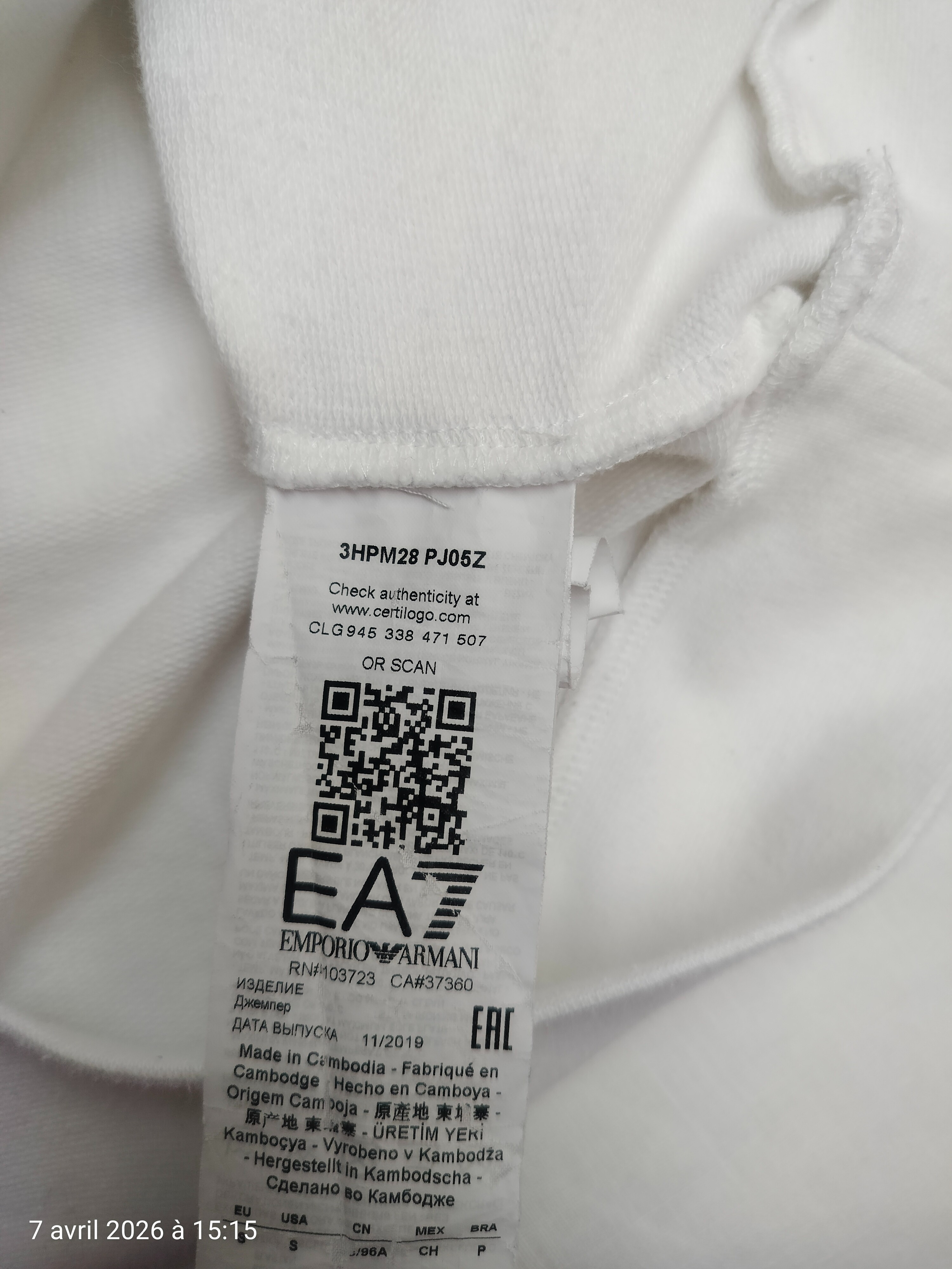 Voir photo 5 de Pull Blanc Emporio Armani EA7 pour homme Logo Series en coton brossé avec capuche T-S Pull Blanc Emporio Armani EA7 pour homme Logo Series en coton brossé avec capuche T-S Bon état reconditionné photo 5