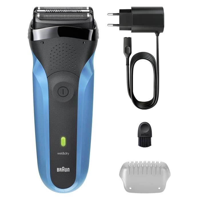 Rasoir électrique BRAUN Series 3 - Bleu et noir - Autonomie 30 minutes - Charge rapide 5 minutes - Excellent état Parfait état Braun reconditionné disponible sur Pixmania
