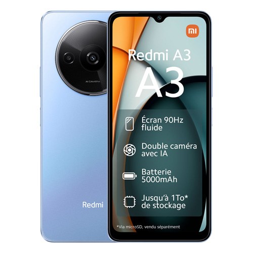 Redmi A3 (dual sim) 64 Go bleu reconditionné Reconditionné - 89,90 € Redmi A3 (dual sim) 64 Go bleu reconditionné Reconditionné Xiaomi reconditionné disponible sur Recommerce