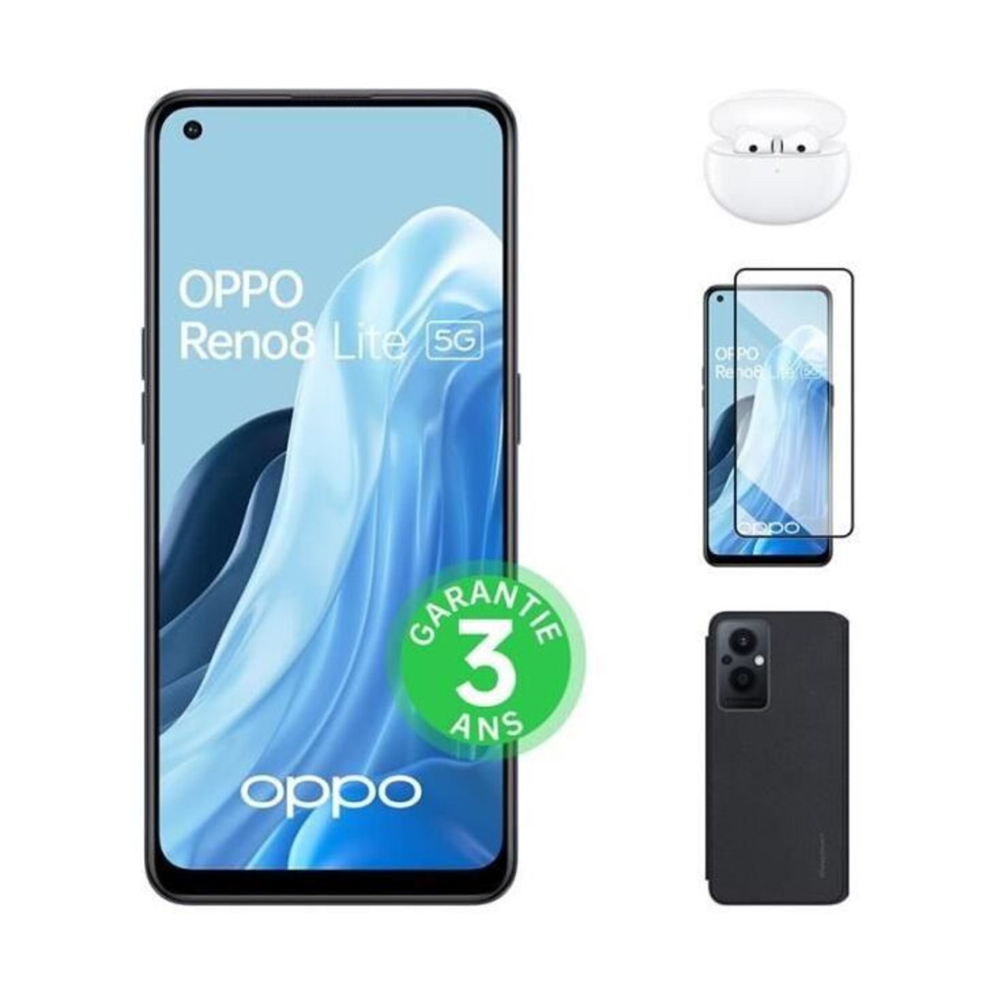 Reno8 Lite 128Go 5G Noir Cosmique + Enco Air 2 + Flip Cover + Verre trempé - Très bon état Très bon état Oppo reconditionné disponible sur Pixmania