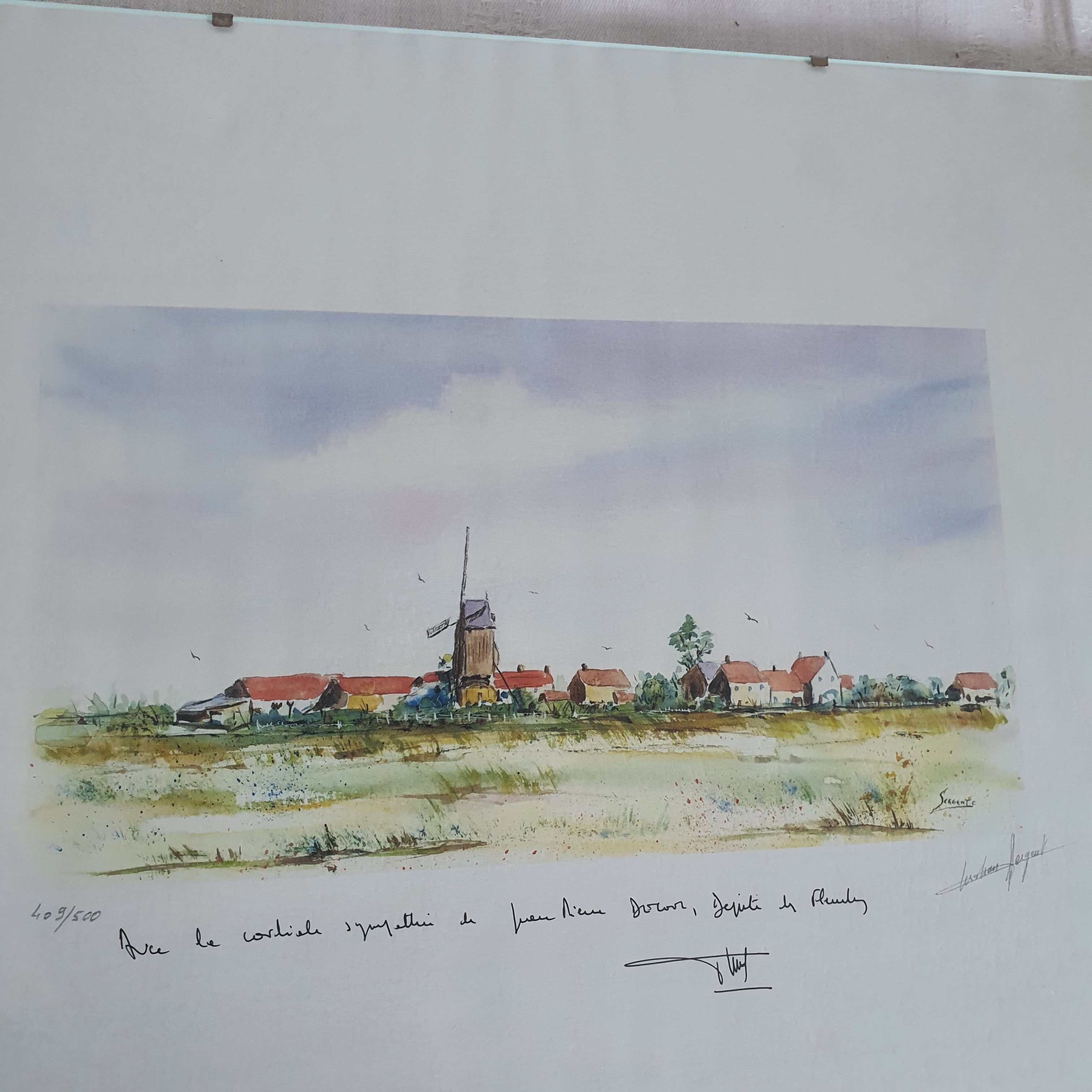 Voir photo 2 de Reproduction Aquarelle Paysage des Flandres Dédicacé par le Député Flamand Decool et signé Sergent Reproduction Aquarelle Paysage des Flandres Dédicacé par le Député Flamand Decool et signé Sergent Bon état reconditionné photo 2