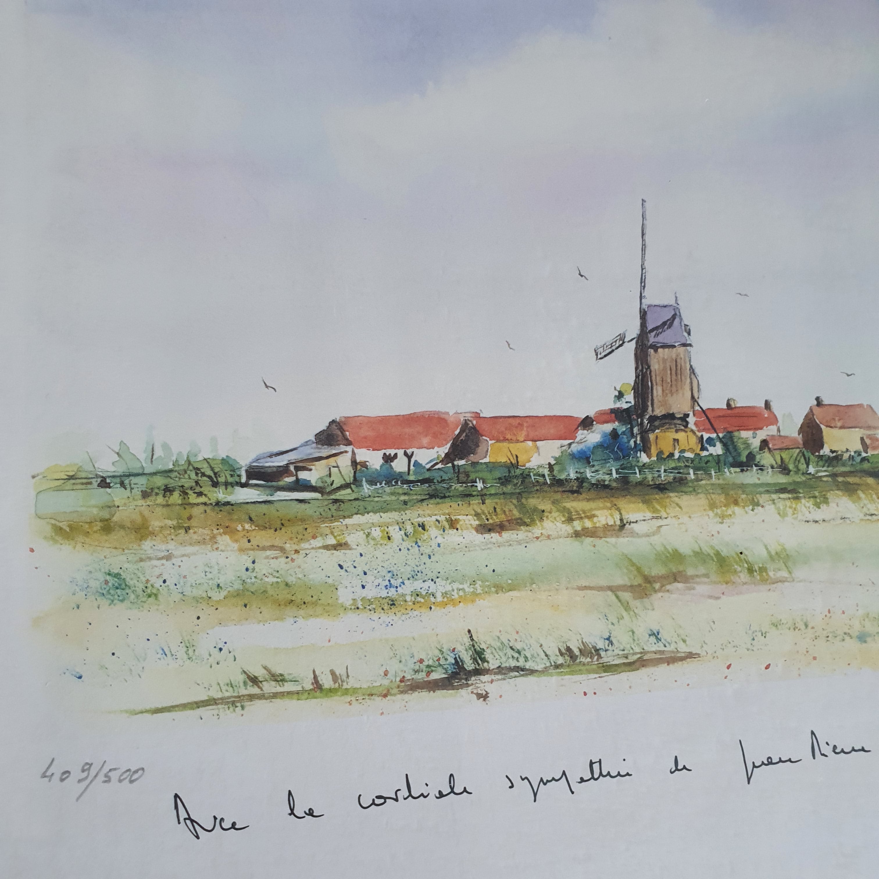 Voir photo 3 de Reproduction Aquarelle Paysage des Flandres Dédicacé par le Député Flamand Decool et signé Sergent Reproduction Aquarelle Paysage des Flandres Dédicacé par le Député Flamand Decool et signé Sergent Bon état reconditionné photo 3