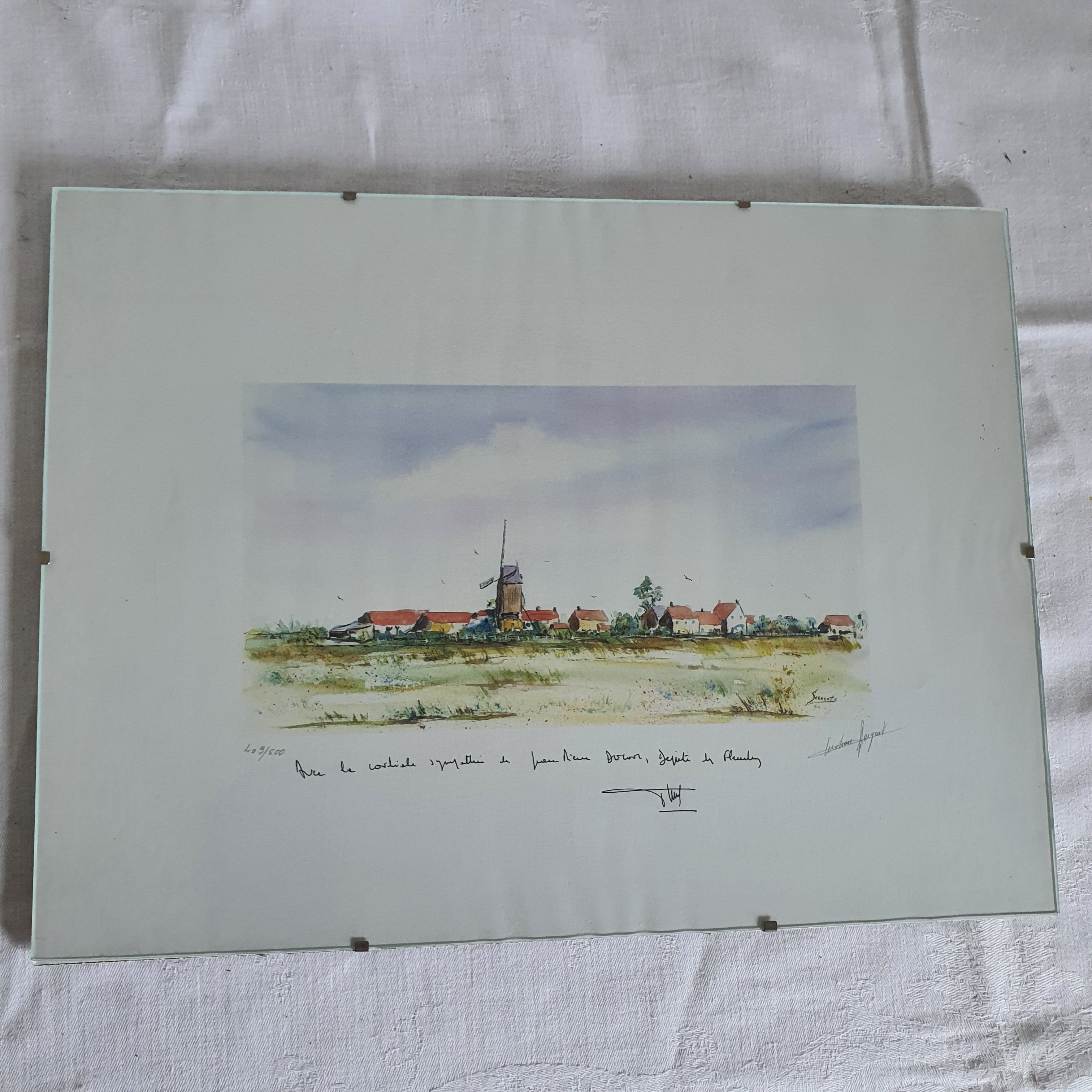 Reproduction Aquarelle Paysage des Flandres Dédicacé par le Député Flamand Decool et signé Sergent Bon état - 14,00 € Reproduction Aquarelle Paysage des Flandres Dédicacé par le Député Flamand Decool et signé Sergent Bon état reconditionné disponible sur Label Emmaüs