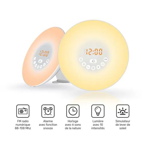 Réveil lumineux WE 2W radio FM, lampe de chevet, simul de lever/coucher de soleil compatible google home/Alexa Bon état reconditionné disponible sur Rakuten