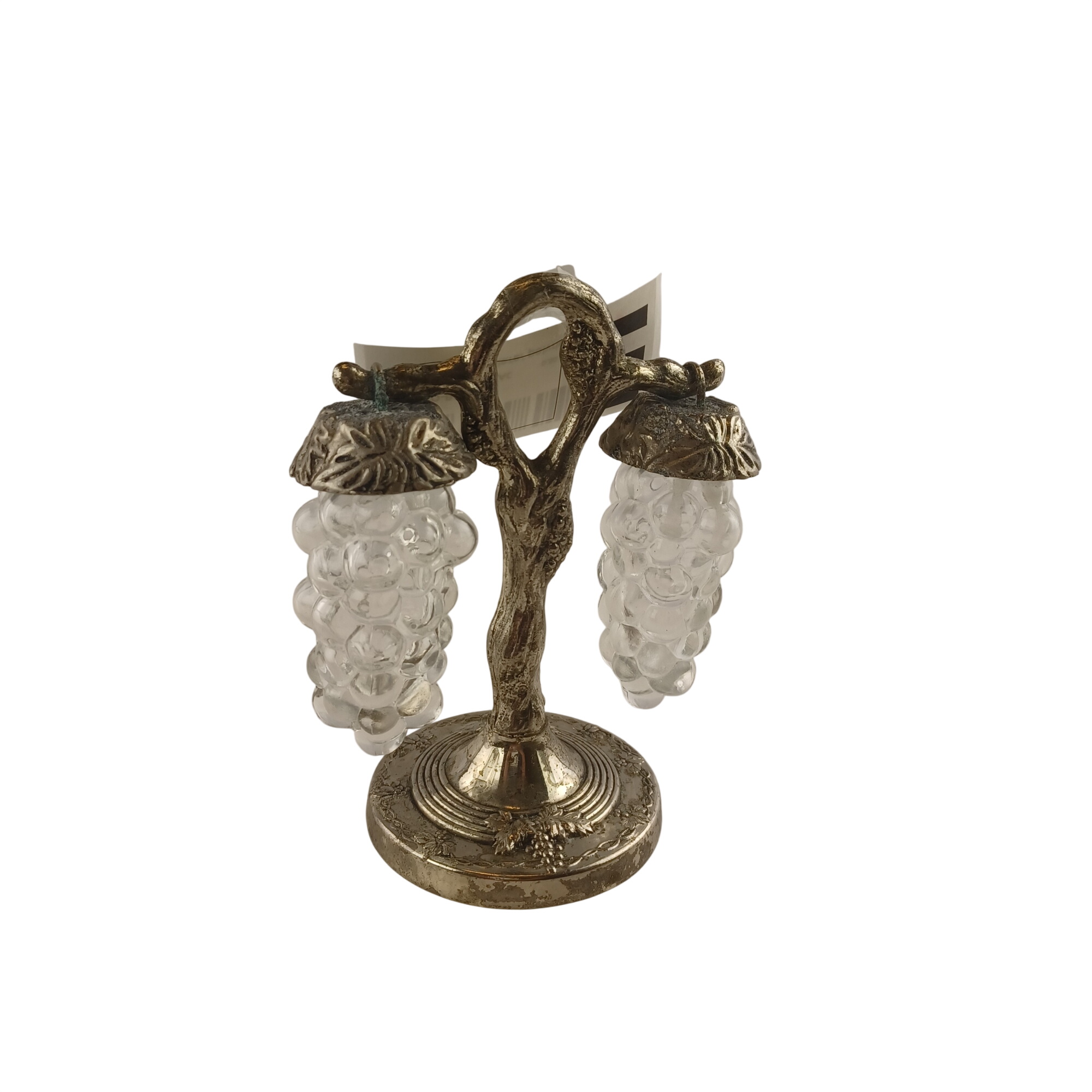 Salière poivrière de verre en forme de raisin sur son socle arbre de métal de 13 cm Très bon état - 10,00 € Salière poivrière de verre en forme de raisin sur son socle arbre de métal de 13 cm Très bon état reconditionné disponible sur Label Emmaüs