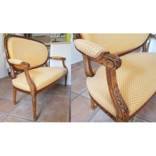 Salon Louis XVI entièrement restauré, composé d'un canapé et de trois fauteuils occasion reconditionné disponible sur Rakuten