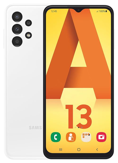 Samsung Galaxy A13 - 4G smartphone - double SIM - RAM 4 Go / Mémoire interne 128 Go - microSD slot - Écran LCD - 6.6" - 2408 x 1080 pixels - 4x caméras arrière 50 MP, 5 MP, 2 MP, 2 MP - front camera 8 MP - blanc État correct Samsung reconditionné disponible sur Fnac