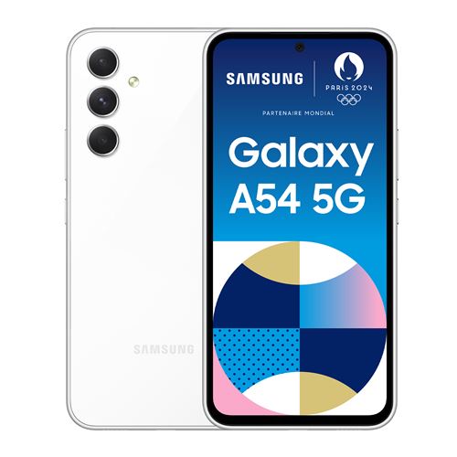 Samsung Galaxy A54 - 5G smartphone - double SIM - RAM 8 Go / Mémoire interne 256 Go - microSD slot - OLED display - 6.4" - 2340 x 1080 pixels (120 Hz) - 3 x caméras arrière 50 MP, 12 MP, 5 MP - front camera 32 MP - blanc génial État correct N/A reconditionné disponible sur Fnac