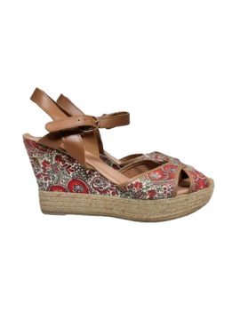 Sandale compensé imprimé fleurie cuir T41 de seconde main - 25,00 € Sandale compensé imprimé fleurie cuir T41 de seconde main Eram reconditionné disponible sur Claquettes Market