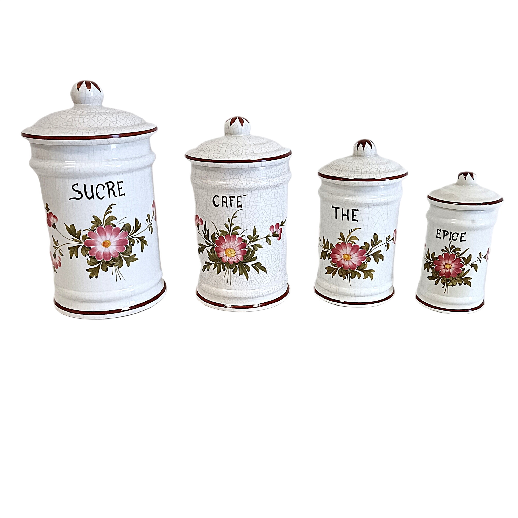 Série de 4 pots de cuisine vintage Bassano en céramique craquelée – Sucre, Café, Thé et Épices Bon état - 25,00 € Série de 4 pots de cuisine vintage Bassano en céramique craquelée – Sucre, Café, Thé et Épices Bon état reconditionné disponible sur Label Emmaüs