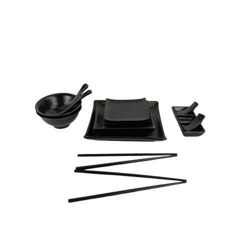 Voir photo 2 de Service asiatique de couleur noir qui contient : 4 baguettes/ 2 Bols 12 cm/ 2 cuillères/ 2 petites assiettes de 12 cm / 2 moyennes de 15,5 cm /1 grande de 20,5 cm / 2 reposes couverts de 7 sur 2 cm/ petit plat 3 compartiments de 15 sur 6 cm Service asiatique de couleur noir qui contient : 4 baguettes/ 2 Bols 12 cm/ 2 cuillères/ 2 petites assiettes de 12 cm / 2 moyennes de 15,5 cm /1 grande de 20,5 cm / 2 reposes couverts de 7 sur 2 cm/ petit plat 3 compartiments de 15 sur 6 cm Bon état reconditionné photo 2