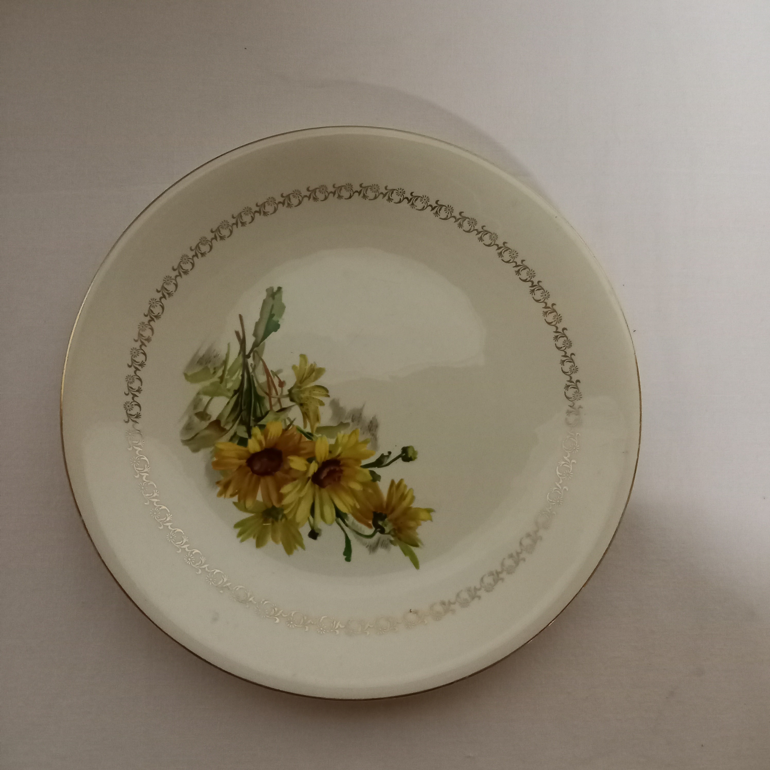 Voir photo 6 de Service composé de : 7 assiettes plates , 6 Assiettes creuses , 1 grand plat creux rond , 1 grand plat et 1 petit oval. vintage decor fleur de magueritte liserés dorés. Service composé de : 7 assiettes plates , 6 Assiettes creuses , 1 grand plat creux rond , 1 grand plat et 1 petit oval. vintage decor fleur de magueritte liserés dorés. Bon état reconditionné photo 6