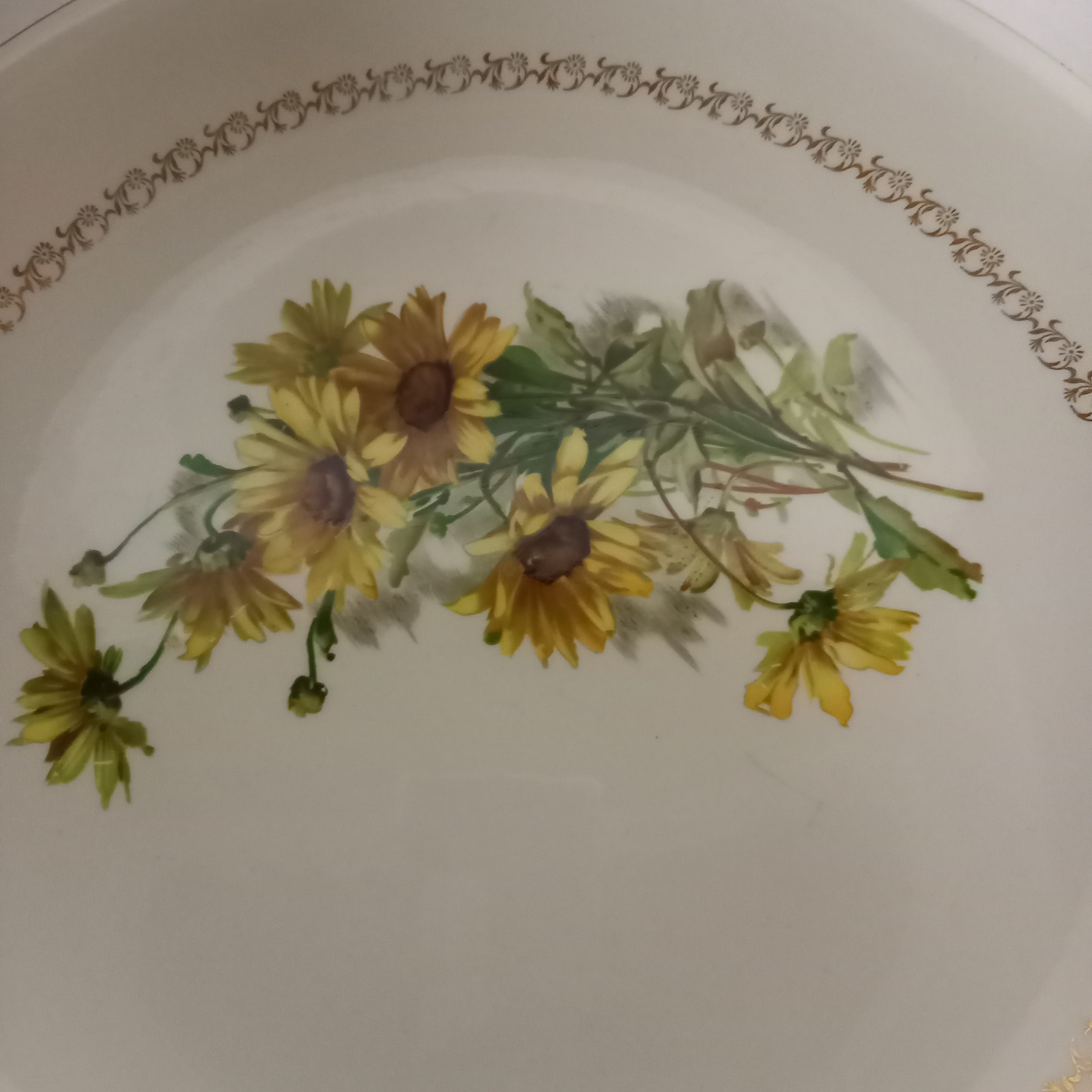 Voir photo 8 de Service composé de : 7 assiettes plates , 6 Assiettes creuses , 1 grand plat creux rond , 1 grand plat et 1 petit oval. vintage decor fleur de magueritte liserés dorés. Service composé de : 7 assiettes plates , 6 Assiettes creuses , 1 grand plat creux rond , 1 grand plat et 1 petit oval. vintage decor fleur de magueritte liserés dorés. Bon état reconditionné photo 8