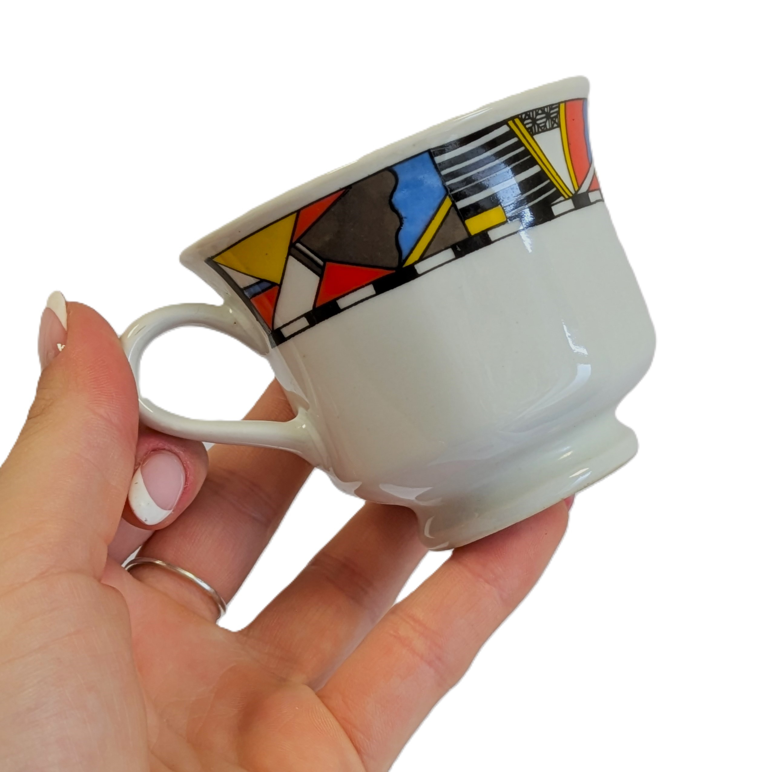 Voir photo 5 de Service de 5 tasses à café en porcelaine - Motif géométrique coloré - style Memphis art déco. Service de 5 tasses à café en porcelaine - Motif géométrique coloré - style Memphis art déco. reconditionné photo 5