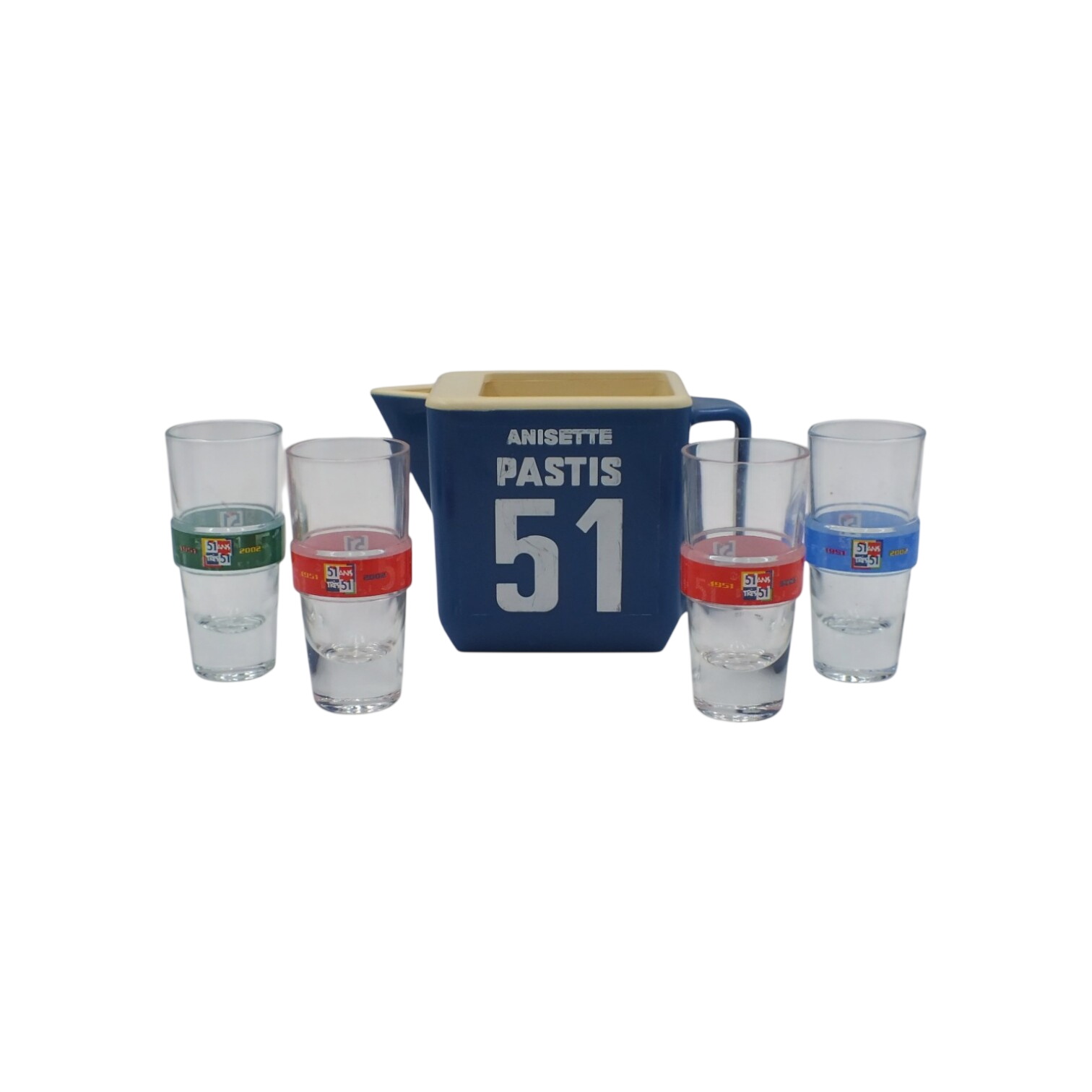 Service Pastis 51 vintage — pichet bleu ANISETTE + 4 verres à bandes colorées Bon état - alternatives disponibles sur Dero Service Pastis 51 vintage — pichet bleu ANISETTE + 4 verres à bandes colorées Bon état reconditionné (offre indisponible)