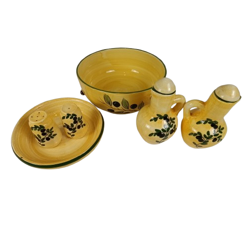 Voir photo 2 de Service qui comporte : Un saladier de 22 Cm Un huilier de 17(H) Un vinaigré de 17(H) Une salière de 7(H) Une poivrière 7(H) et 1 Petite assiette de 18 Cm creuse avec motifs Service qui comporte : Un saladier de 22 Cm Un huilier de 17(H) Un vinaigré de 17(H) Une salière de 7(H) Une poivrière 7(H) et 1 Petite assiette de 18 Cm creuse avec motifs Bon état reconditionné photo 2