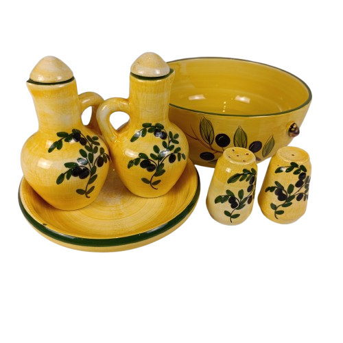 Voir photo 3 de Service qui comporte : Un saladier de 22 Cm Un huilier de 17(H) Un vinaigré de 17(H) Une salière de 7(H) Une poivrière 7(H) et 1 Petite assiette de 18 Cm creuse avec motifs Service qui comporte : Un saladier de 22 Cm Un huilier de 17(H) Un vinaigré de 17(H) Une salière de 7(H) Une poivrière 7(H) et 1 Petite assiette de 18 Cm creuse avec motifs Bon état reconditionné photo 3