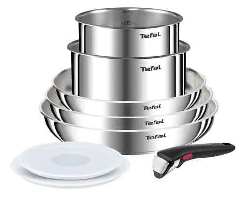 Set 8 pièces Tefal Poêles et Casseroles avec 2 couvercles hermétiques et 1 poignée amovible L8968S04 Ingenio Emotion État correct Tefal reconditionné disponible sur Fnac