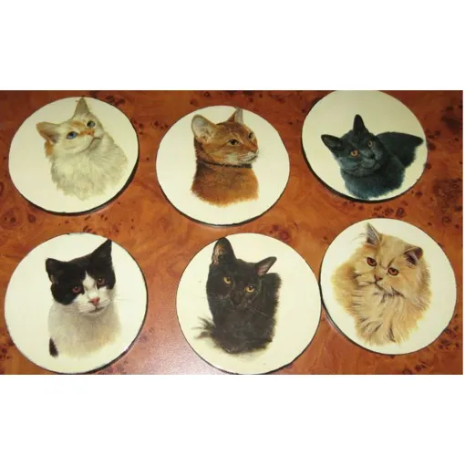 Six Dessous De Verre Ronds Représentant Des Portraits De Chats-Présentés En Coffret Sans Couvercle Rouge Foncé Marbré De Noir-Diamètre Sous Verre 9.5cm-Diamètre Boitier 11cm-1 Face Chat/1 Face Noire occasion reconditionné disponible sur Rakuten