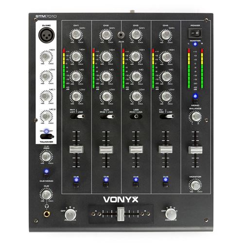 Skytec STM-7010 - Table de Mixage DJ 4 canaux, USB, Jack 3,5, interrupteur Talkover, crossfader remplaçable, sortie Booth réglable État correct Skytec reconditionné disponible sur Fnac