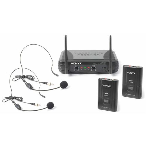 SkyTec STWM712H - Système sans fil VHF 2 canaux avec serre-tête, 2 casques 2 émetteurs et un récepteur, portée jusqu'à 50 mètres État correct Skytec reconditionné disponible sur Fnac