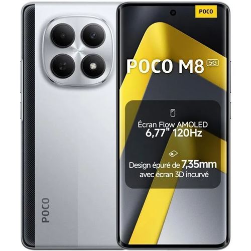 Smartphone Xiaomi POCO M8 5G 12Go RAM 512Go Argent Écran 6.77"AMOLED 120Hz Snapdragon 6 Gen3 Version EU État correct N/A reconditionné disponible sur Fnac