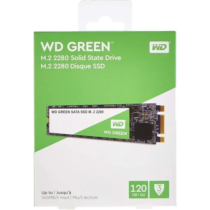 SSD Interne M.2 SATA - WD - Green - 120Go - 545MB/s - 80MB/s Reconditionné - 65,00 € SSD Interne M.2 SATA - WD - Green - 120Go - 545MB/s - 80MB/s Reconditionné Western Digital reconditionné disponible sur Cdiscount Seconde Vie