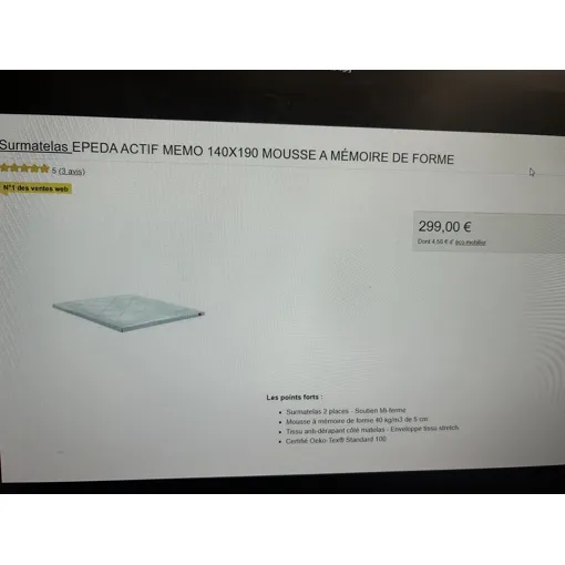 Surmatelas epeda actif mémo 140x190 mousse à mémoire de forme Bon état - 240,00 € Surmatelas epeda actif mémo 140x190 mousse à mémoire de forme Bon état reconditionné disponible sur Rakuten