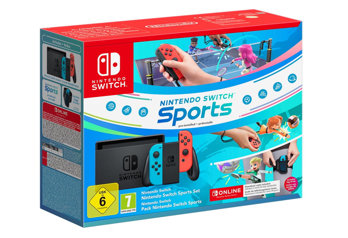 Switch & Nintendo Switch Sports (Pré-installé) + 3 mois d'abonnement NSO (Code), Bleu Néon & Rouge - Excellent état Parfait état reconditionné disponible sur Pixmania