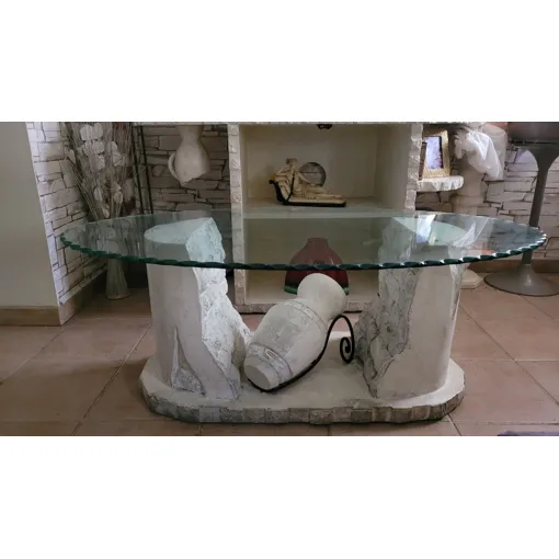 Table basse décorative ovale pierre & plateau en verre ciselé - décor amphore occasion reconditionné disponible sur Rakuten