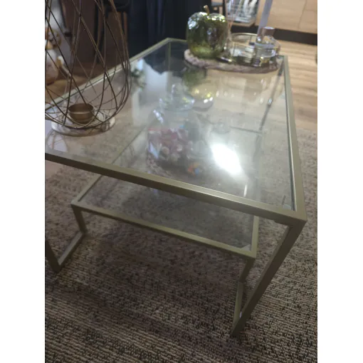 Table basse et bout de canapé en métal doré et verre trempé. Bon état reconditionné disponible sur Rakuten