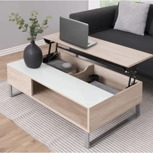 Table basse plateau relevable Blanc et chêne occasion reconditionné disponible sur Rakuten